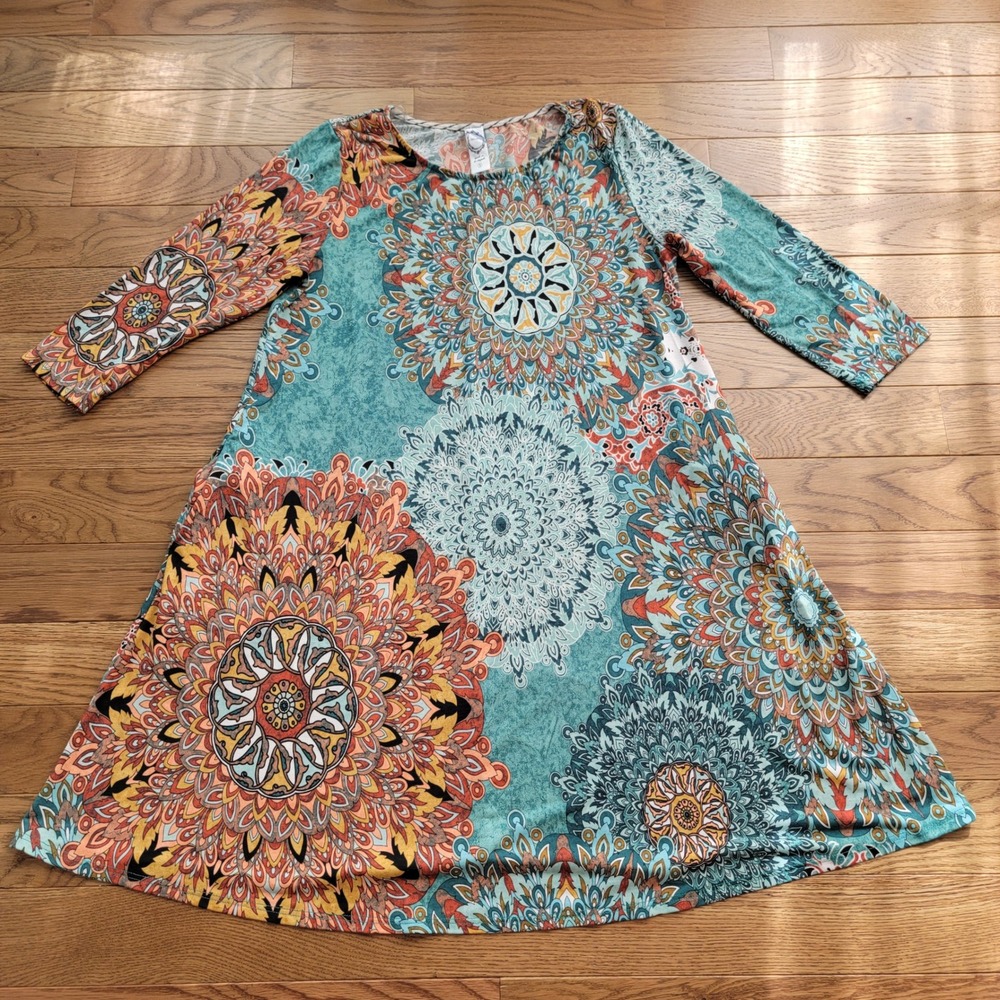 Honeyme Womens Teal Orange Mandala Print Long Sleeve Tunic Dress Small Boho